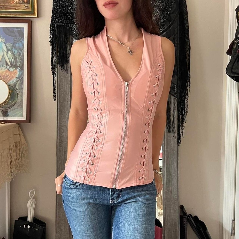Pink Biker Style Zip Up Corset Halter with Tie Up Detail and open Back SMALL - Picture 3 of 3